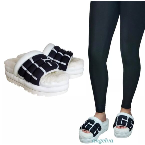 Ugg Maxi Slide Logo Quilted Puff Platform Slipper Sandals Retro White/Black - Picture 13 of 13